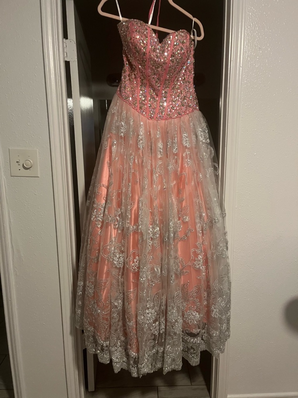 Strapless Pink Beaded Prom Dress with Silver Lace Overlay